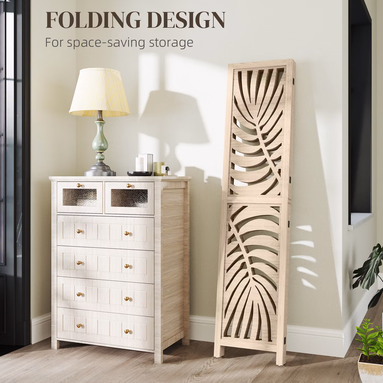 HOMCOM 4 Panel Privacy Screen Room Divider with Palm Leaf Design in Natural Wood Finish, Brown and Beige – 2