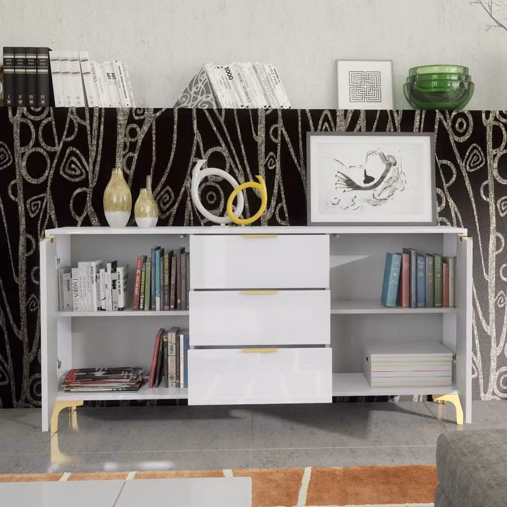 FORGEVIO Modern White and Gold Glossy TV Unit Sideboard Cabinet – 3