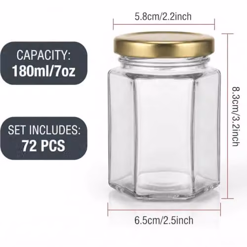 ATEK Set of 72 Hexagonal Glass Storage Jars with Airtight Lids, 180ml, Transparent – 2