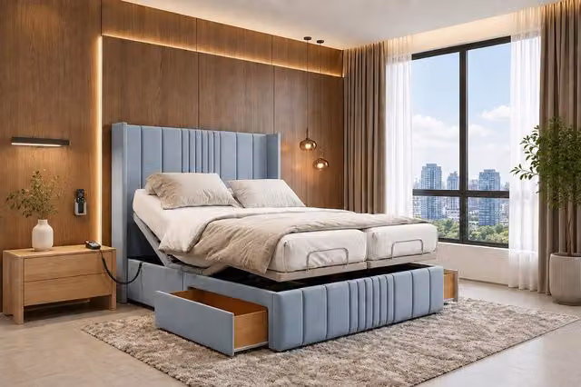 Paradies Single Upholstered Adjustable Mobility Bed with Foam Mattress and Headboard in Blue and Silver