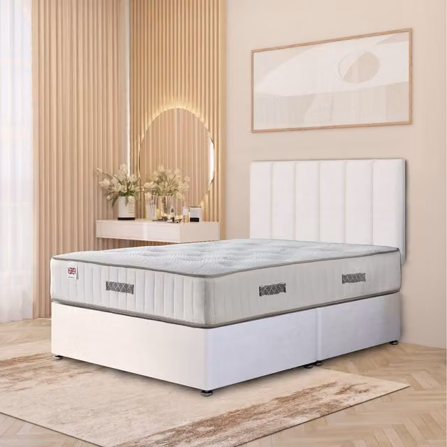 Somnior Beds Ltd Austin Plush Velvet Orthopaedic Divan Bed Set with Hybrid Mattress, Headboard and Drawers, White, W/D/H: 140 x 200 cm