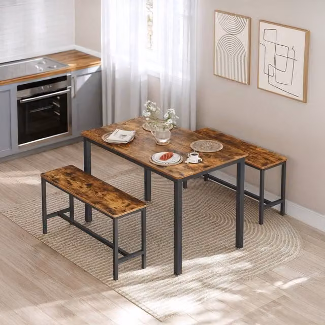 VASAGLE Industrial Dining Table and 2 Benches Set in Brown and Black