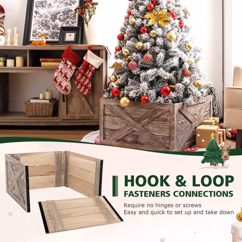 Gymax Vintage Solid Wood Christmas Tree Collar Box in Grey – 4