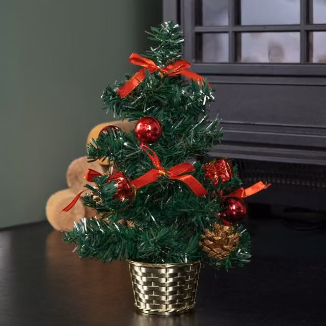 Premier Green Tabletop Christmas Tree Decorated in Red and Gold, Height: 30 cm
