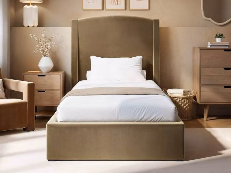 Solace+Co Blaine Single Winged Headboard Ottoman Bed in Gold Velvet
