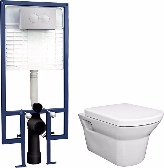 Balterley White Ceramic Wall Hung Toilet Pan with Concealed Cistern, Dual Flush Push Button Plate and Seat, 400mm
