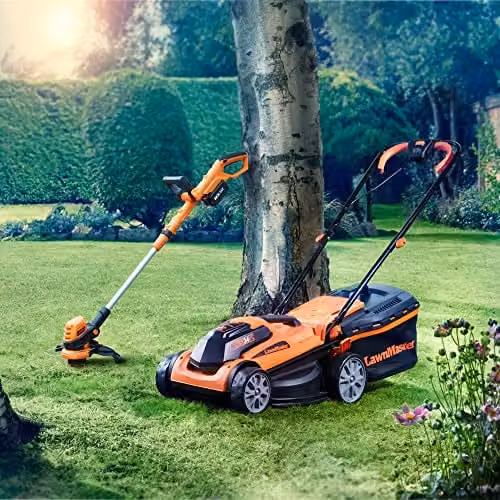 LawnMaster MX 24V 34cm Cordless Lawnmower and Strimmer Set with Spare Battery and Quick Charger, Orange – 2