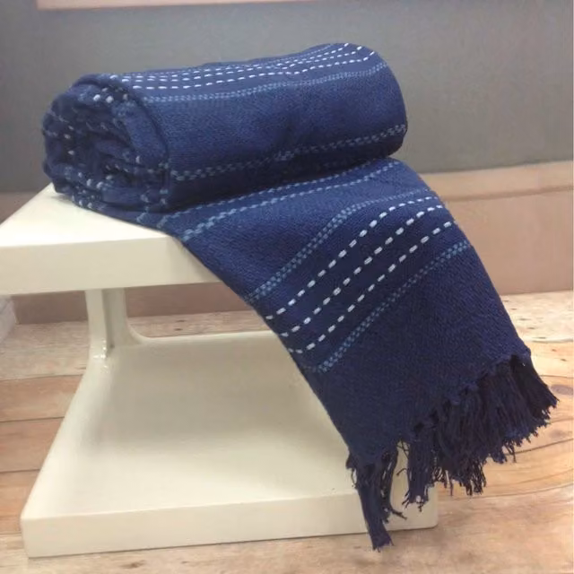 Rapport Home Stitch Stripe Woven Cotton Throw with Fringes, Blue, W: 254 cm, D: 178 cm