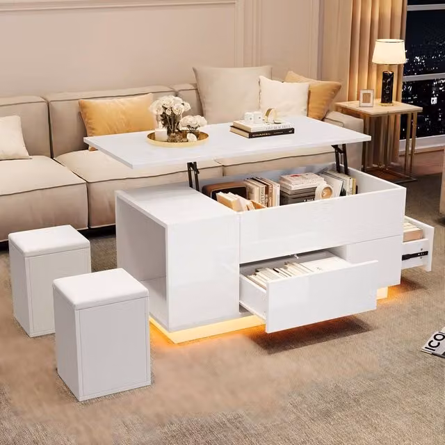 Merax White High Gloss Lift Top LED Coffee Table with 2 Storage Stools – 1