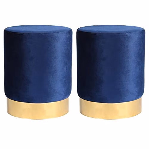 Harbour Housewares Round Velvet Pouffe in Blue, W/D/H: 29 x 29 x 36 cm