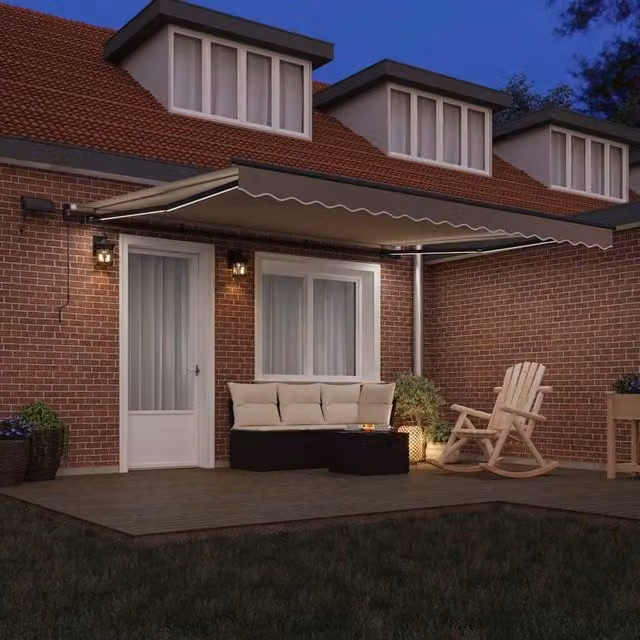 Berkfield Home Manual Retractable Folding Arm Awning with LED in Beige, W: 400 cm, D: 300 cm