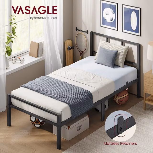 VASAGLE Minimalist Metal Bed Frame with Headboard and Slats, Black, W/D/H: 90 x 190 cm