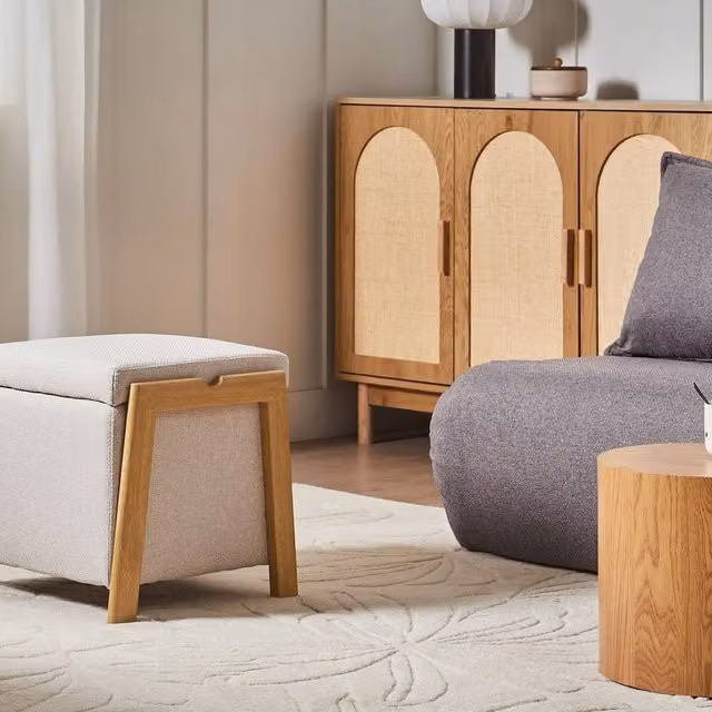 Wyld and Coco Retro Pouffe with Hidden Storage in Beige Fabric – 1