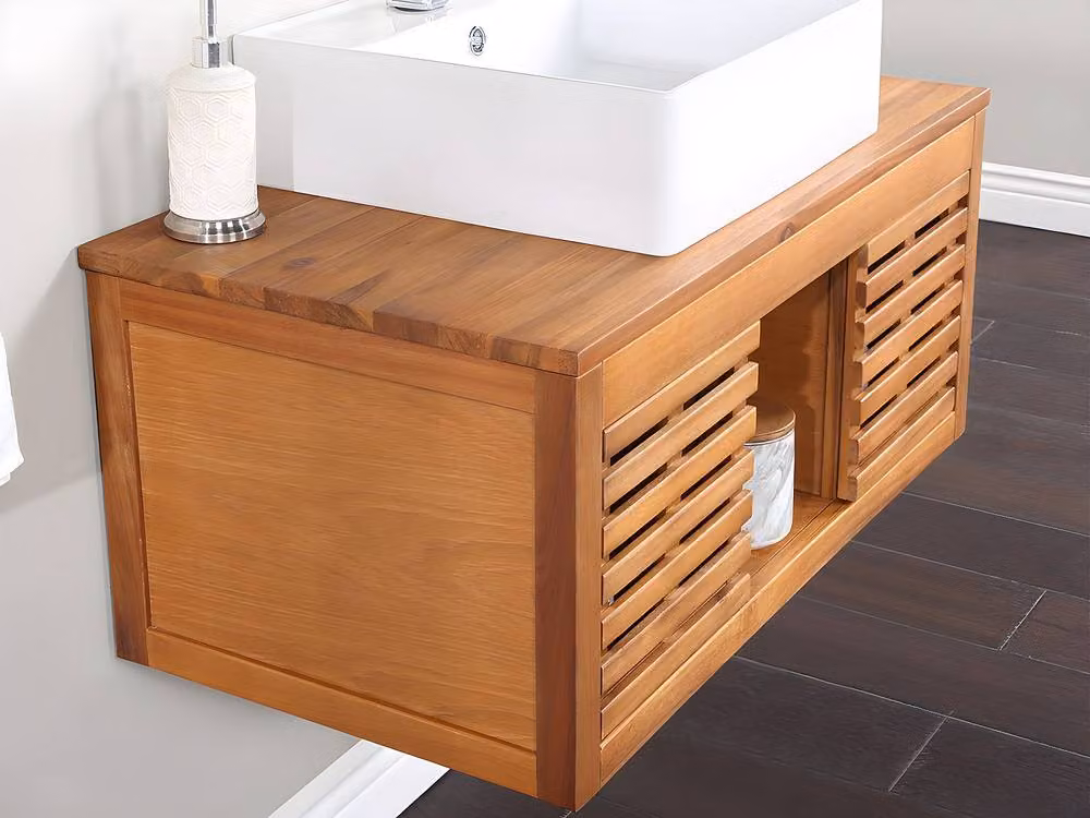 Vente-unique Acacia Wood Wall-Mounted Bathroom Vanity Unit with Single Washbasin in Walnut – 3