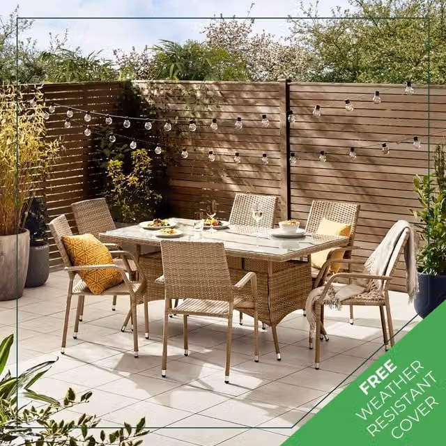 Furniturebox Antigua 6 Seat Outdoor Rattan Dining Set with Glass Top in Brown and Beige