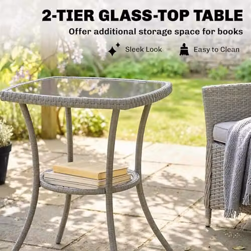 Outsunny 3 Piece Rattan Bistro Set in Grey with Glass-Top Coffee Table and Armchairs – 3