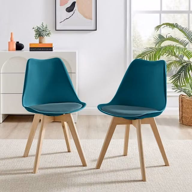 FurnitureboxUK Set of 2 Stockholm Scandinavian Dining Chairs in Petrol Blue Faux Leather and Wood