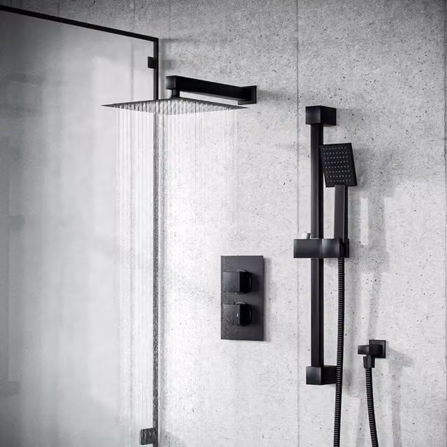 Nes Home Matte Black Concealed Thermostatic Square Shower Rail and Handset Set