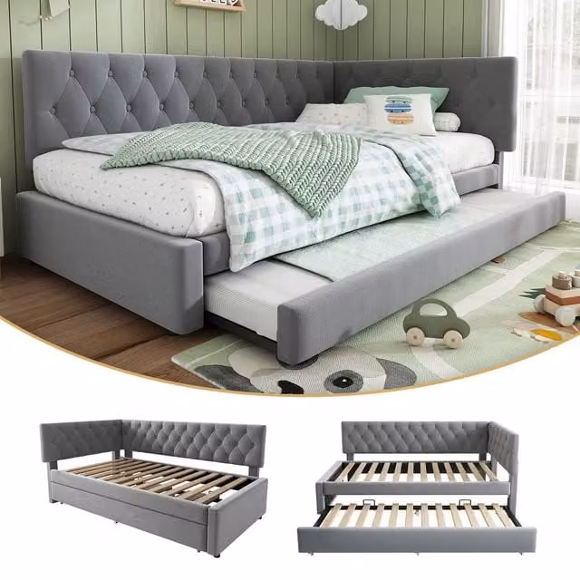 BTM Grey Velvet Daybed with Pull-Out Trundle, W/D/H: 190 x 90 x 83 cm – 1