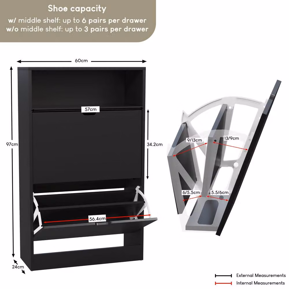 Vida Designs Modern Black 2 Drawer Shoe Cabinet with Tilting Compartments and Internal Shelves – 2