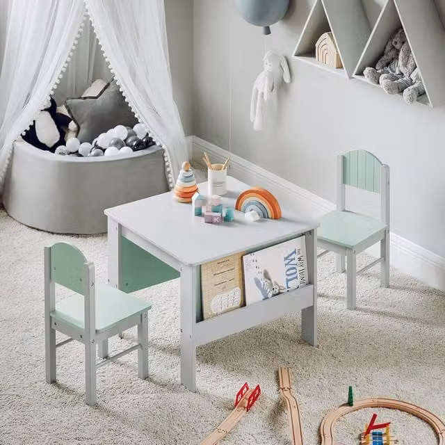 SoBuy Modern Childrens Table and 2 Chairs Set with Storage in Green and Grey