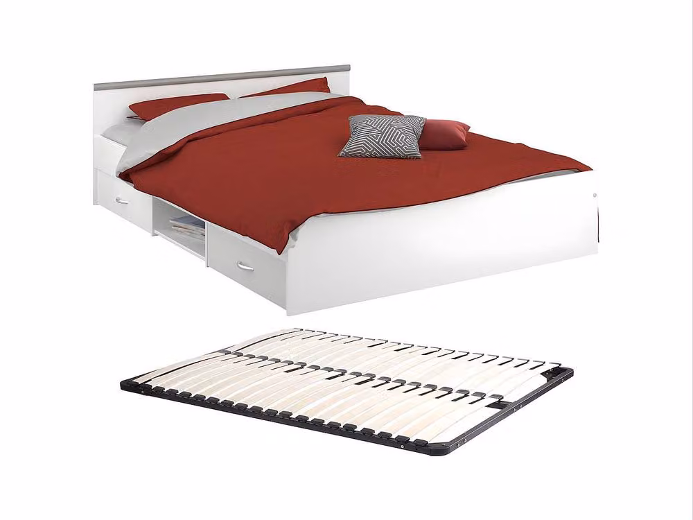 Vente-unique Double Bed with Storage, 2 Drawers and 1 Compartment, White, W/D/H: 140 x 190 x 58.9 cm – 2