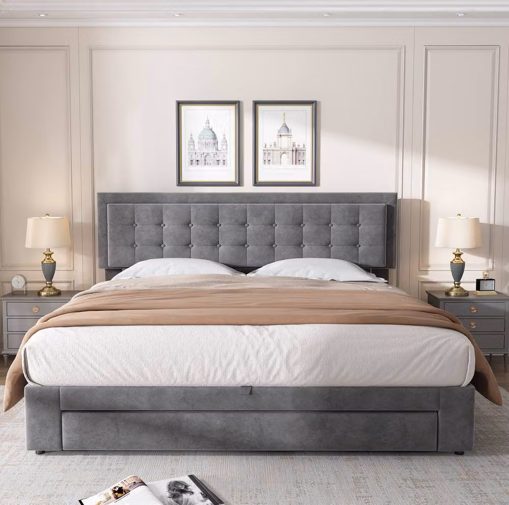 STILVORA Super King Upholstered Bed with Lift Up Storage, Grey Velvet, 200 x 200 cm – 3