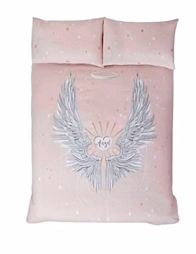 Rapport Home Angel Wings Polycotton Duvet Cover and Pillowcase Set in Pink with Star Details, W/D/H: 135 x 200 cm and 50 x 75 cm