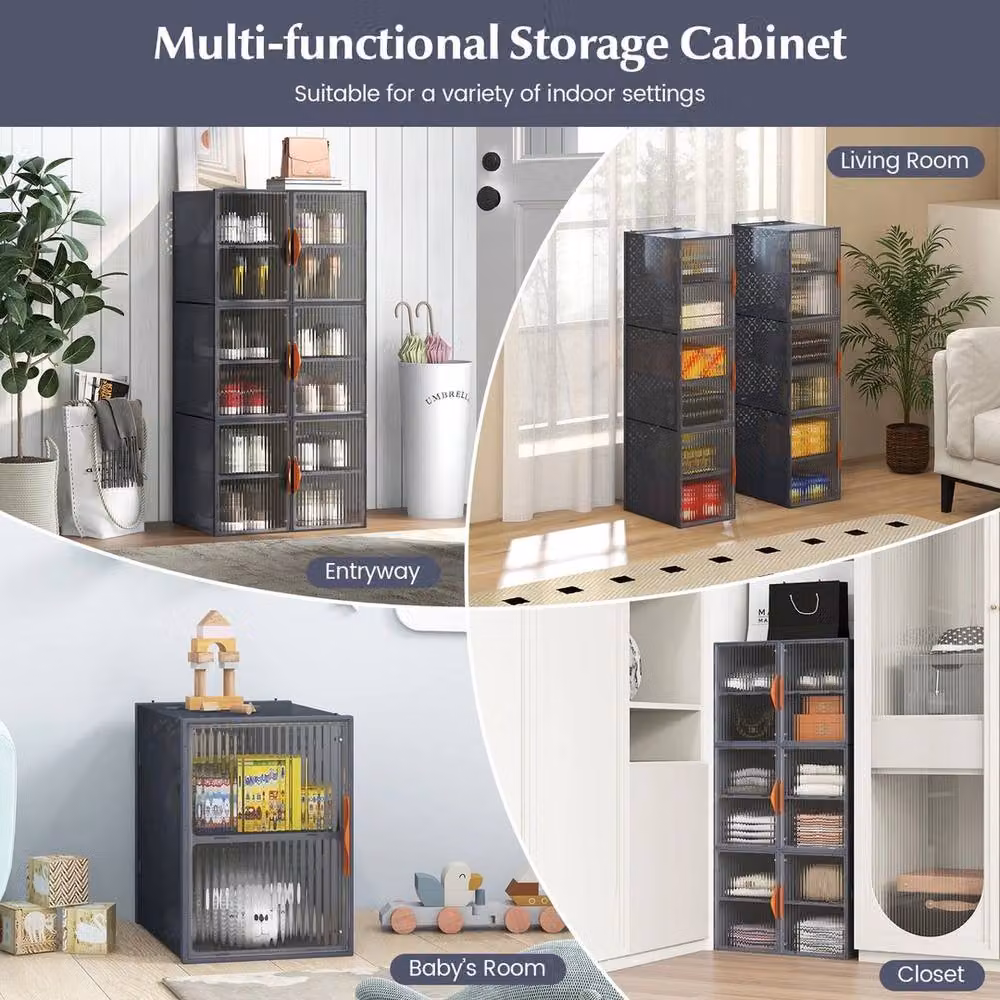 Kelvenix 6 Pack Stackable and Foldable Shoe Storage Boxes in Grey and Transparent with Handles, W: 50 cm, H: 50 cm – 4