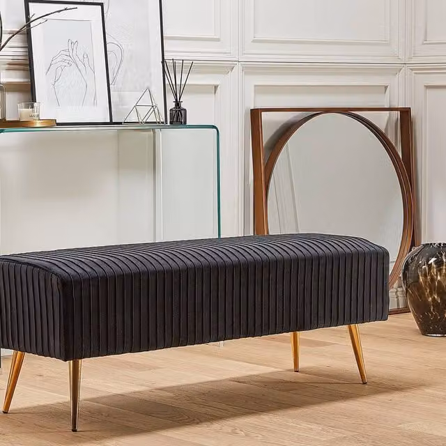 Wyld and Coco Black Velvet Upholstered Bench with Gold Metal Legs W: 118 cm, D: 40 cm, H: 42 cm