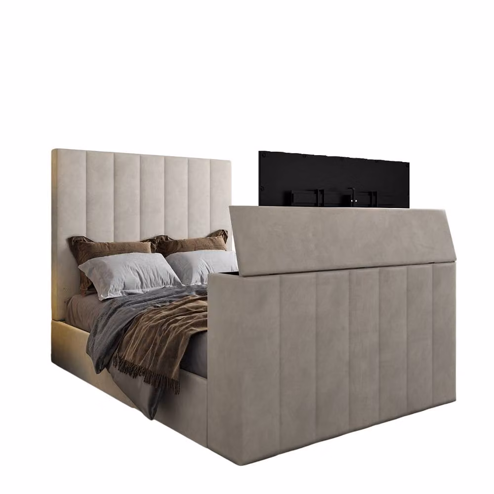 KDMD Ardingly Upholstered Soft Velvet Line Pebble Bed Frame in Light Sand, King Size – 2