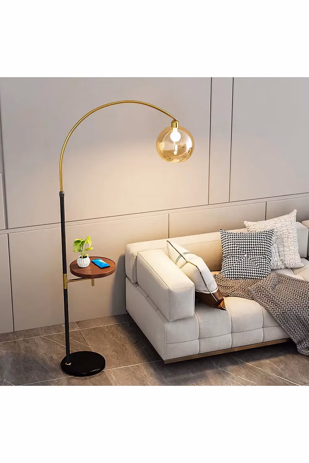 Living and Home Modern Adjustable Arc Floor Lamp with Wood Tray in Black and Gold – 3