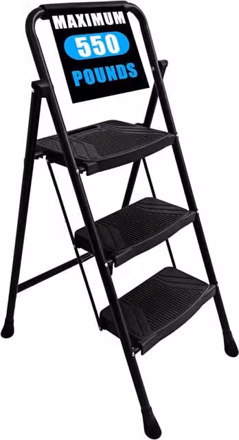 BIRCHTREE 3 Step Folding Steel Ladder in Black