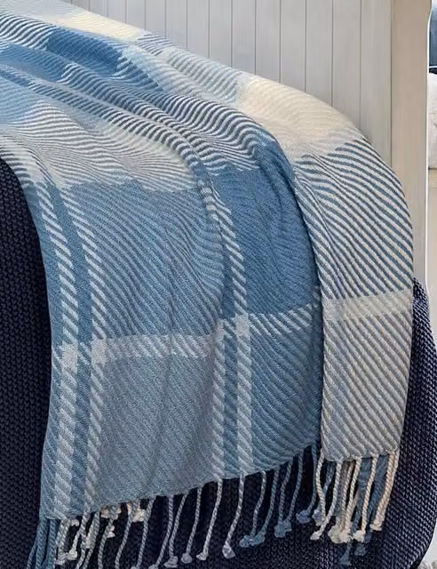 Laura Ashley Dylan Checked Pure Cotton Woven Throw with Fringes in Blue Mix