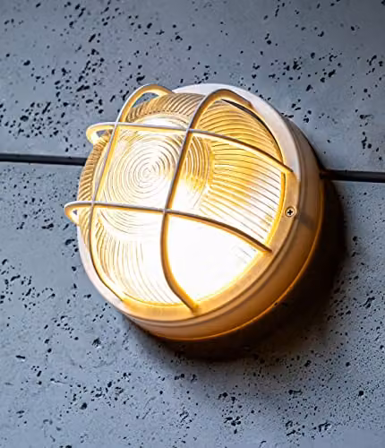 CGC Lighting Ronnie White Cage Round Bulkhead Wall and Ceiling Light with Glass and Plastic, IP44 Weatherproof for Garden and Indoor Use – 3