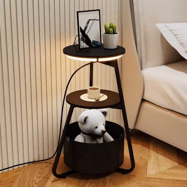 EONLION Modern Round Black Side Table with 3-Tier Glass and Metal Storage – 1