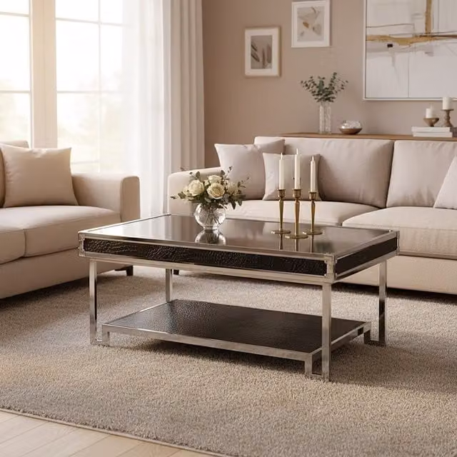 Premier Housewares Rectangular Mirror Coffee Table with Silver Crocodile Effect Detail and Black Metal Legs – 1