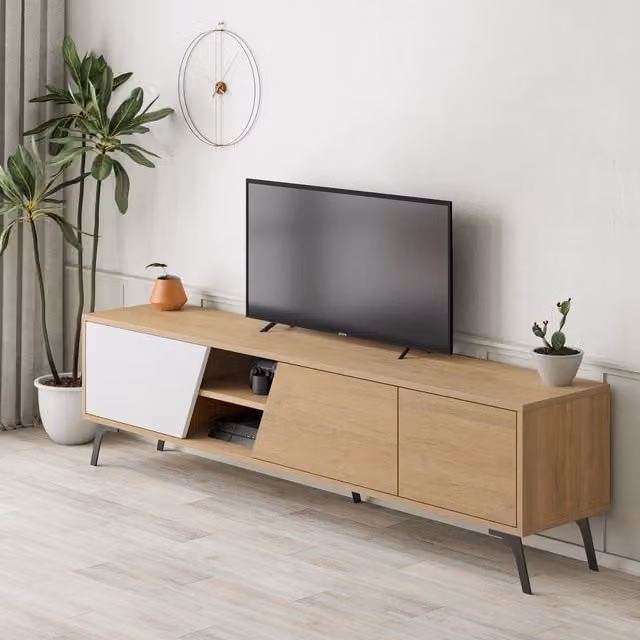 Decortie Modern Oak TV Stand with Media Storage Compartments in Brown and Yellow