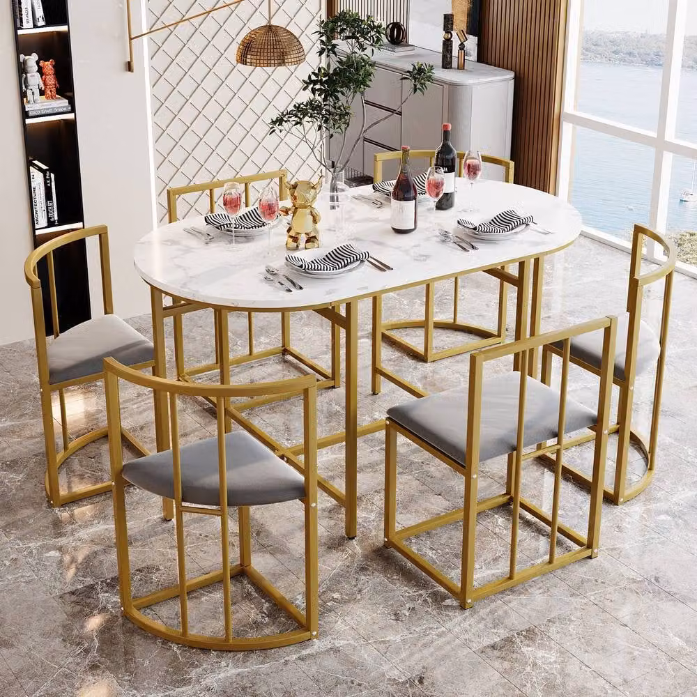 ModernLuxe 7-piece modern dining set with 1 rectangular table and 6 chairs in gold, white and grey, W/D/H: 140 x 80 x 76 cm – 2