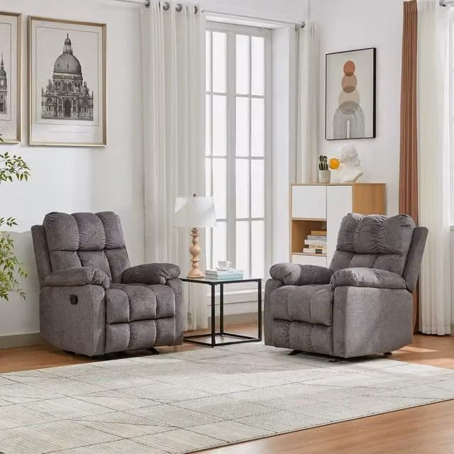 FURNITURE ONE Manual Recliner Sofa Set in Grey Fabric Upholstery, including 2-Seater Sofa and Armchair