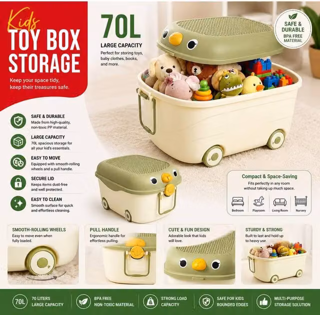 ATEK Toy Storage Organizer Box with Wheels, 70L Green Plastic Bin for Kids Playroom and Bedroom Organisation