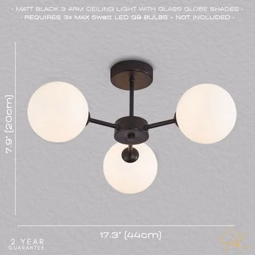 Happy Homewares Modern Black Ceiling Light with White Glass Sphere Shades, W/D/H: 44 x 22 x 22 cm – 2