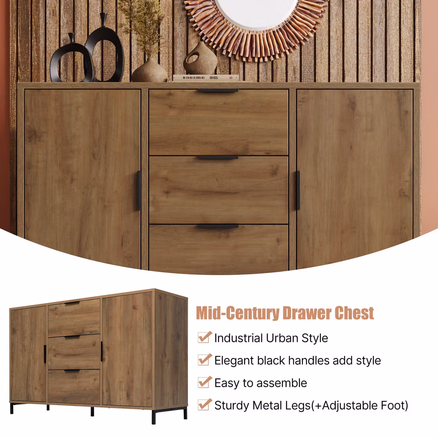 Aosom UK Modern Industrial Sideboard in Dark Oak with Adjustable Feet and Height-Adjustable Shelf, W: 120 cm, D: 40 cm, H: 76 cm – 3