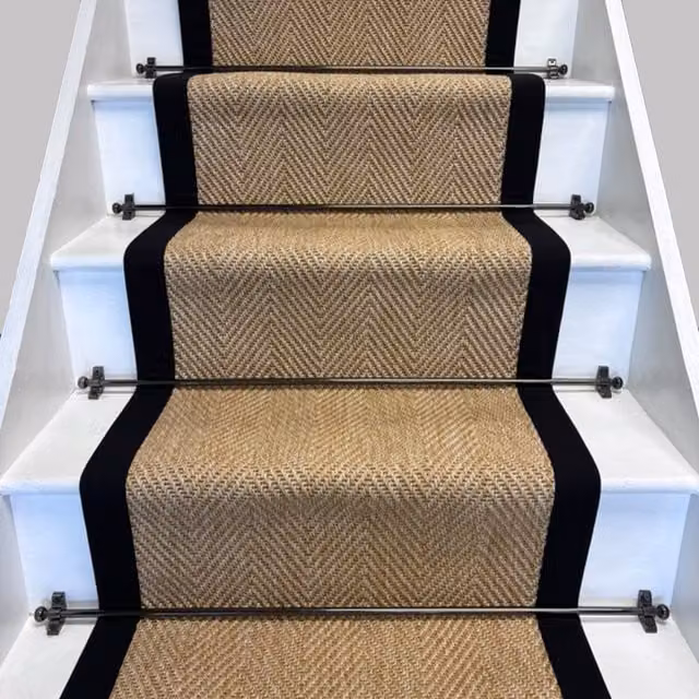 RainbowHome New England Herringbone Stair Runner in Beige with Black Cotton Border, W: 65 cm x L: 700 cm