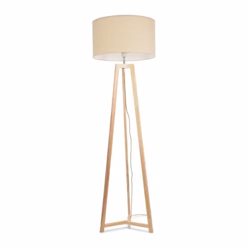 ValueLights Beige Wood Tripod Floor Lamp with White Fabric Cylinder Shade, H 148 cm x W 45 cm x D 45 cm – 1