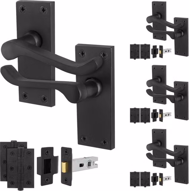 AFIT Matt Black Scroll Handle Latch Hinges Set, 4 Pairs, W/D/H: 15 x 15 x 6.4 cm – 1