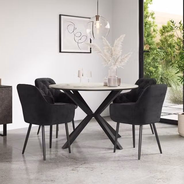 More4Homes Calne Calcutta Gold Ceramic Round Dining Table with 4 Anika Black Velvet Chairs