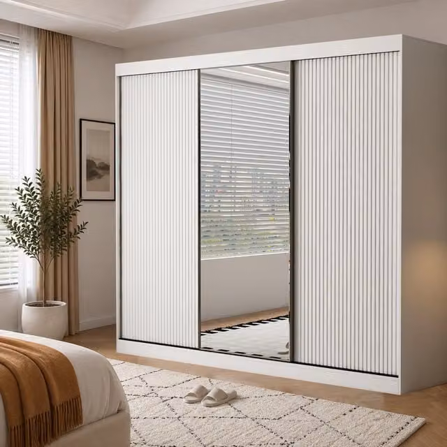 Berlin 3-Door White Sliding Door Wardrobe with Mirror, Shelves and Hanging Rail, Width: 250 cm