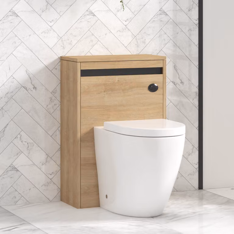 Royal Bathrooms Orion 540mm Natural Oak Wall Mounted WC Unit with Elva Rimless Short Projection Ceramic Toilet Pan, Seat and Cistern with Black Accent Trim