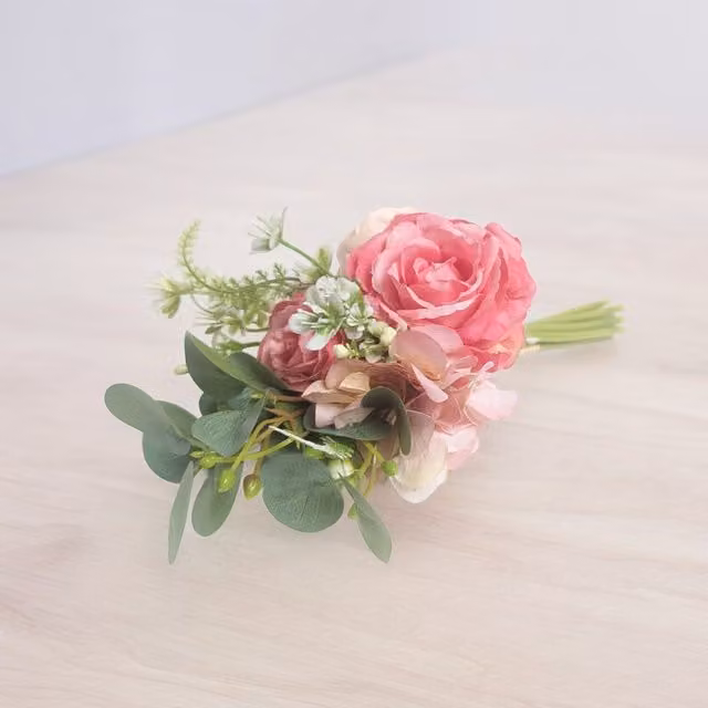 Kingsbury Gifts Pink Artificial Hand-Tied Rose and Eucalyptus Floral Bouquet